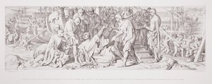 William tropieza al aterrizar, pero, agarrando la tierra con su mano, grita que toma posesión del suelo inglés, y así tranquiliza a sus seguidores, que consideraban su caída como un mal presagio de Daniel Maclise